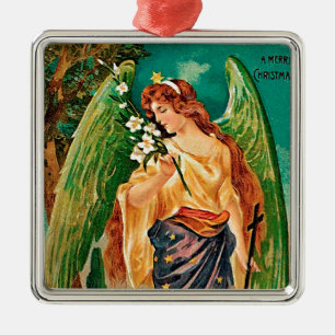 Engel mit einem Blumenzweig Silbernes Ornament