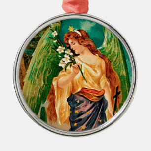 Engel mit einem Blumenzweig Silbernes Ornament