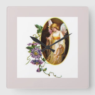 Engel mit Harfe und Klematisblumen Quadratische Wanduhr