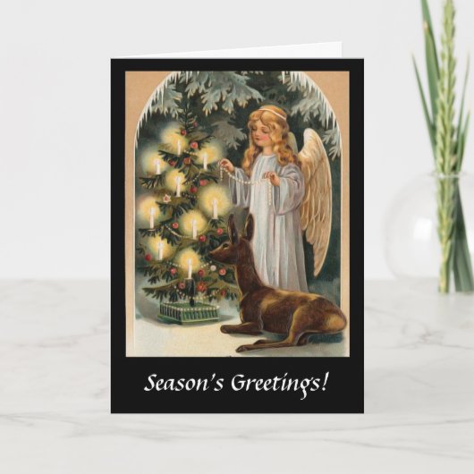 Engel mit Hirschen und Weihnachtsbaumkerzen Feiertagskarte (Vorderseite)