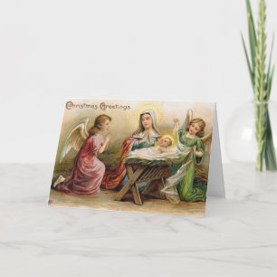 Engel mit Jesuskind in der Krippe Vintage-Bild Feiertagskarte