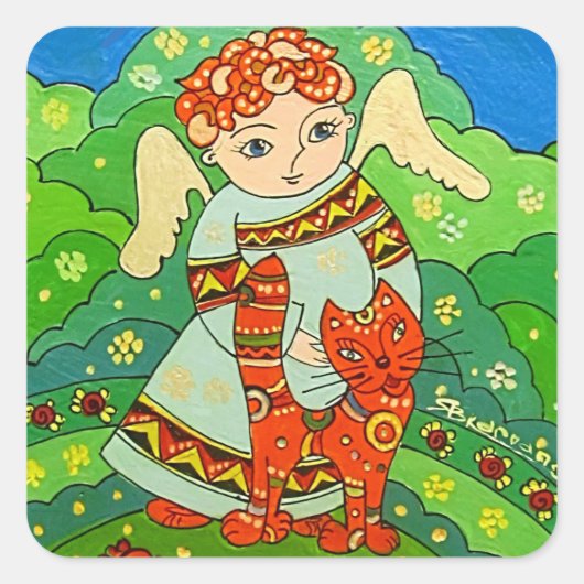Engel mit Katzenaufkleber Quadratischer Aufkleber (Vorderseite)