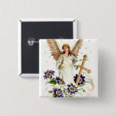 Engel mit Kreuz und Clematika Blume 6 cm Rund B Button (Vorne & Hinten)