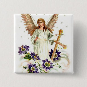 Engel mit Kreuz und Clematika Blume 6 cm Rund B Button