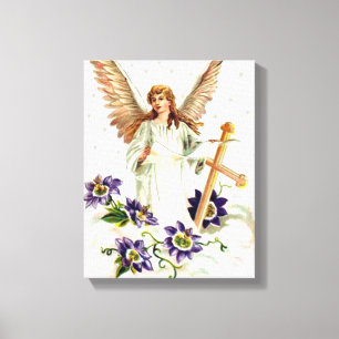 Engel mit Kreuz und Clematika Blume Canvas Print Leinwanddruck