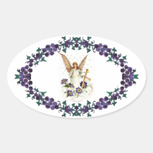 Engel mit Kreuz- und Clematika-Blume Ovaler Aufkleber