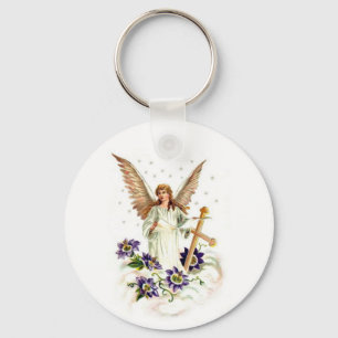 Engel mit Kreuz- und Clematika-Blume Schlüsselanhänger