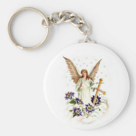 Engel mit Kreuz- und Clematika-Blume Schlüsselanhänger