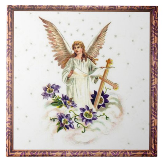 Engel mit Kreuz- und Clematitis-Blume Keramik Tile Fliese (Vorderseite)