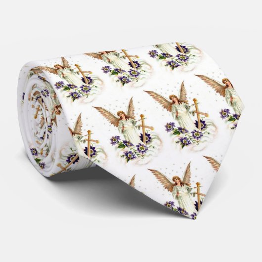 Engel mit Kreuz und Clematitis Blume Krawatte (Gerollt)