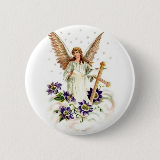 Engel mit Kreuz und Klematisblumen Button (Vorderseite)