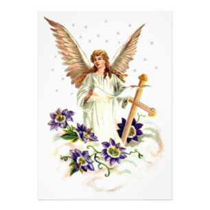 Engel mit Kreuz und Klematisblumen Fotodruck