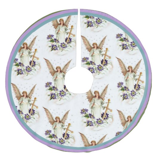 Engel mit Kreuz und Klematisblumen Polyester Weihnachtsbaumdecke (Vorderseite)
