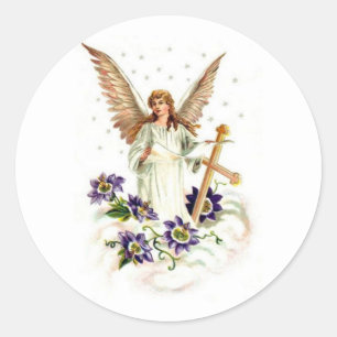 Engel mit Kreuz und Klematisblumen  Runder Aufkleber