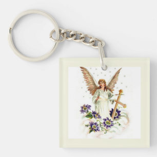 Engel mit Kreuz und Klematisblumen Schlüsselanhänger