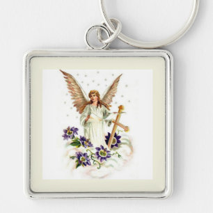 Engel mit Kreuz und Klematisblumen  Schlüsselanhänger