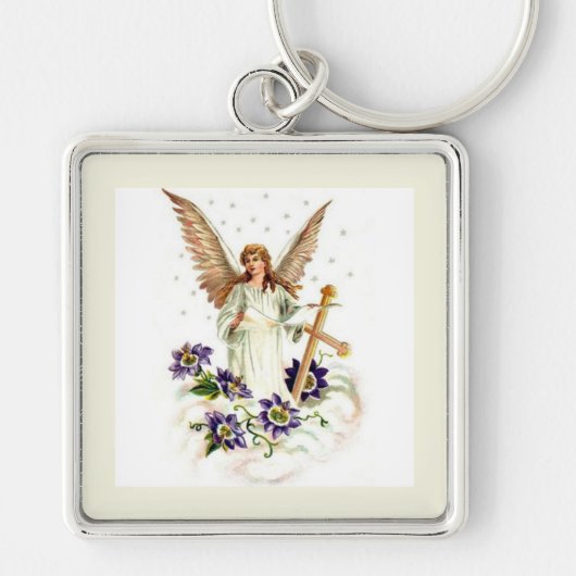 Engel mit Kreuz und Klematisblumen Schlüsselanhänger (Vorne)