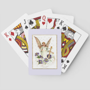 Engel mit Kreuz und Klematisblumen spielen Spielkarten