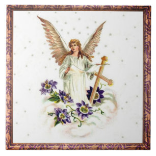 Engel mit Kreuz und Waldrebenblumen Keramikfliese