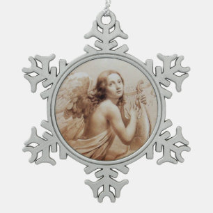 ENGEL MIT LYRA ÜBER DEN WOLKEN braun Schneeflocken Zinn-Ornament