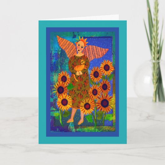 Engel mit Orange Tabby Cat und Sonnenblumen Karte (Vorderseite)