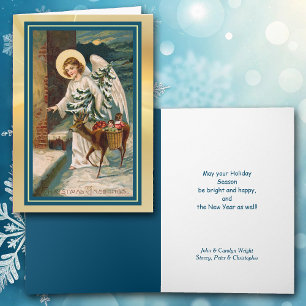 Engel mit Reh und Geschenken Vintage-Weihnachtskar Feiertagskarte