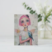 Engel mit rosa Haar und blauem Vogel Postkarte (Stehend Vorderseite)