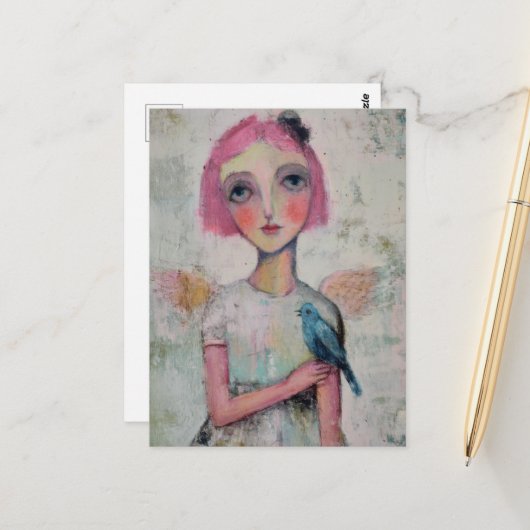 Engel mit rosa Haar und blauem Vogel Postkarte (Vorderseite/Rückseite Beispiel)