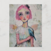 Engel mit rosa Haar und blauem Vogel Postkarte (Vorderseite)