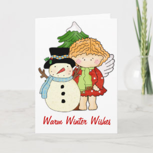 Engel mit Snowman Warm Winter Wishings Card Feiertagskarte