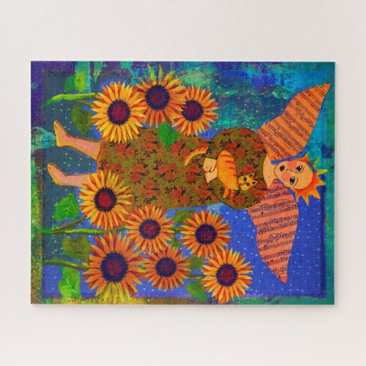 Engel mit Sonnenblumen und Tabby Cat 16x20 Puzzle (Horizontal)
