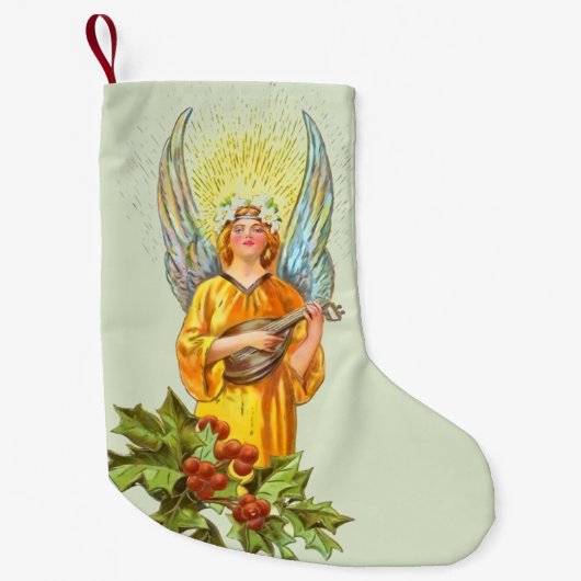 Engel mit Stechpalme und Mandoline Kleiner Weihnachtsstrumpf (Vorderseite)