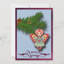 Engel-Ornament auf Tannen-Zweig Flache Weihnachtsk