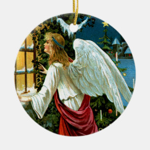 Engel schaut zum Fenster herein Keramikornament