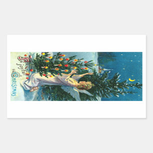 Engel schmückt Weihnachtsbaum 2 Rechteckiger Aufkleber
