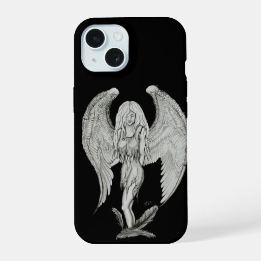 Engel - Schwarz-Weiß-Design iPhone 15 Hülle (Rückseite)