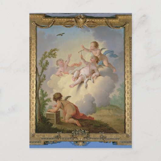 Engel spielen mit einem Vogel in einer Landschaft Postkarte (Vorderseite)