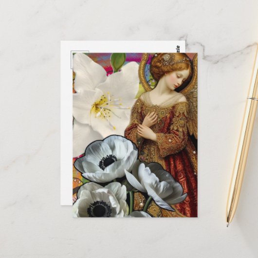 Engel- und Blumen-Collage Postkarte (Vorderseite/Rückseite Beispiel)