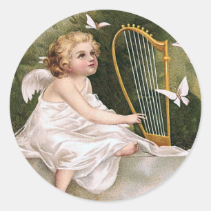 Engel und Harfe Vintage-Illustration Runder Aufkleber