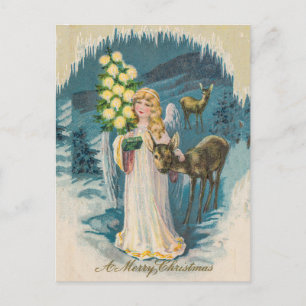 Engel und Hirsche Frohe Weihnachten Vintage-Feiert Postkarte