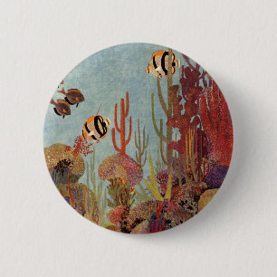 Engelhai in Korallen, Vintage Tropenfische im Ozea Button