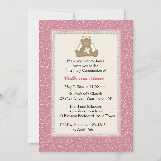 Engels-Bär, rosa weißes Gänseblümchen-religiöse Einladung (Vorderseite)