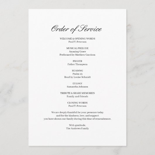 Engels-Feier des Lebens Bestattungsprogramm Programm (Rückseite)