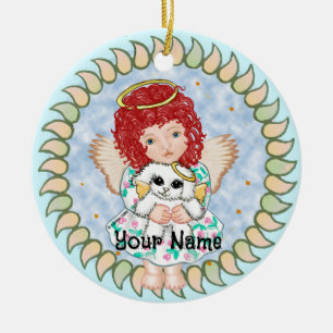 Engelsmädchen mit Hund Keramik Ornament