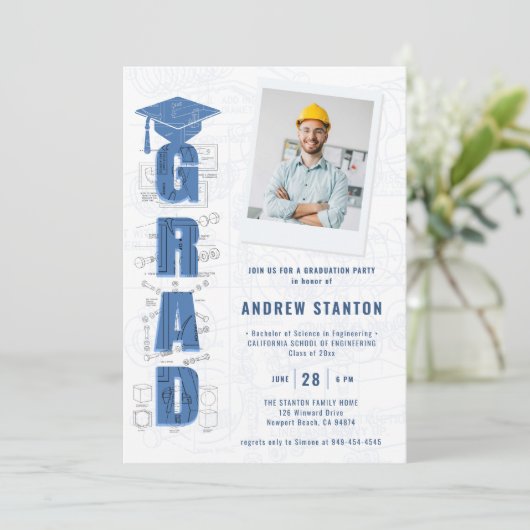 Engineering Abschluss Engineer Foto Blue White Einladung (Stehend Vorderseite)