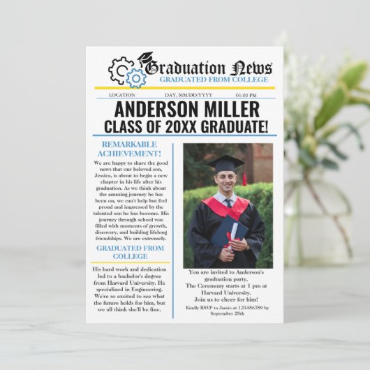 Engineering Abschluss Newspaper Uni Einzigartig Einladung (Stehend Vorderseite)