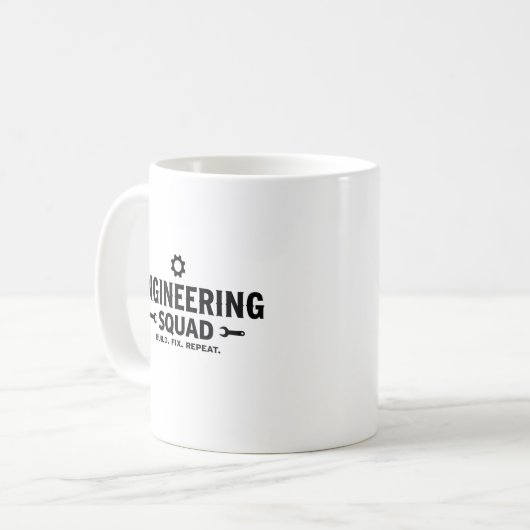 Engineering Squad Mug – Build. Fix. Repeat. Kaffeetasse (Vorderseite Links)