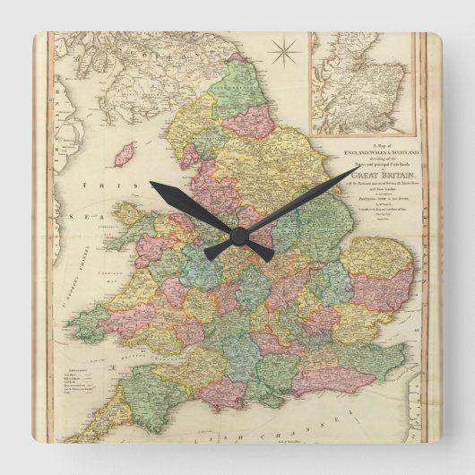 England, Wales, Scotland. Quadratische Wanduhr (Vorderseite)