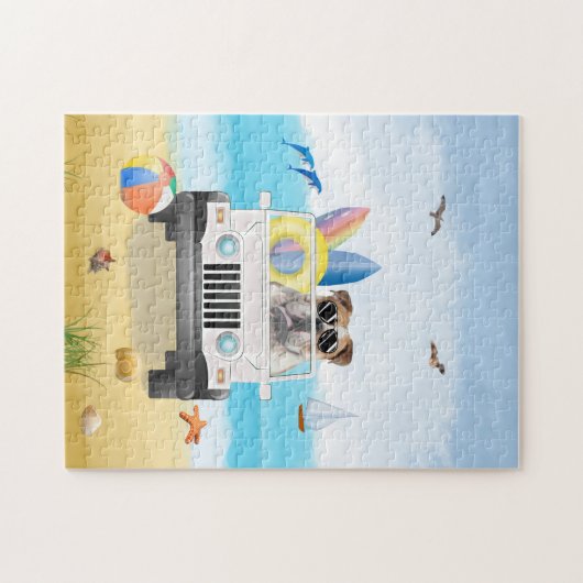 Englisch Bulldog Autofahren am Strand Puzzle (Horizontal)