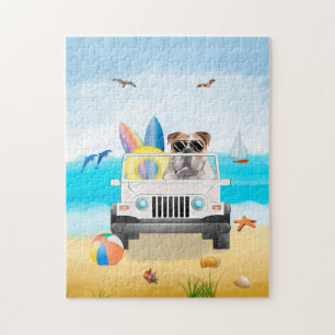 Englisch Bulldog Autofahren am Strand Puzzle